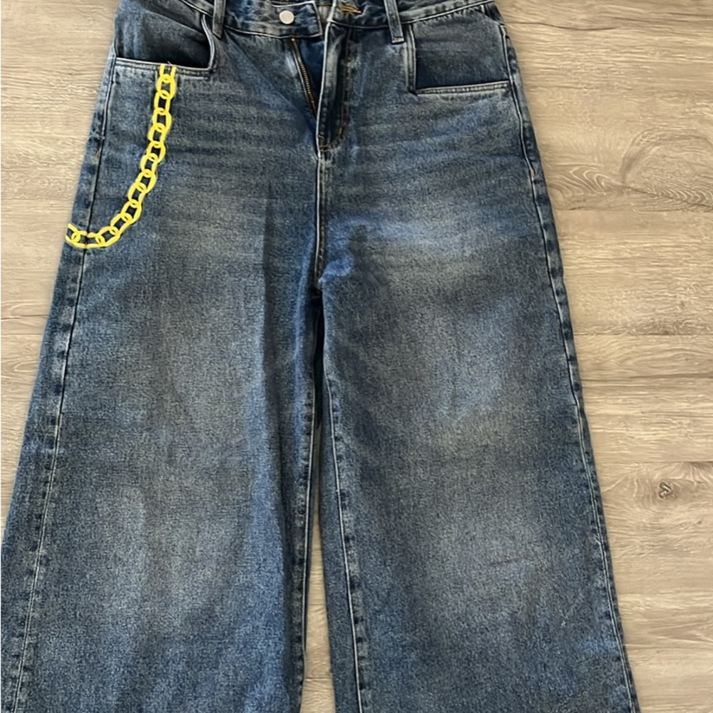 JNCO Blue and Yellow Flare Wide Leg Jeans with Vintage Wash